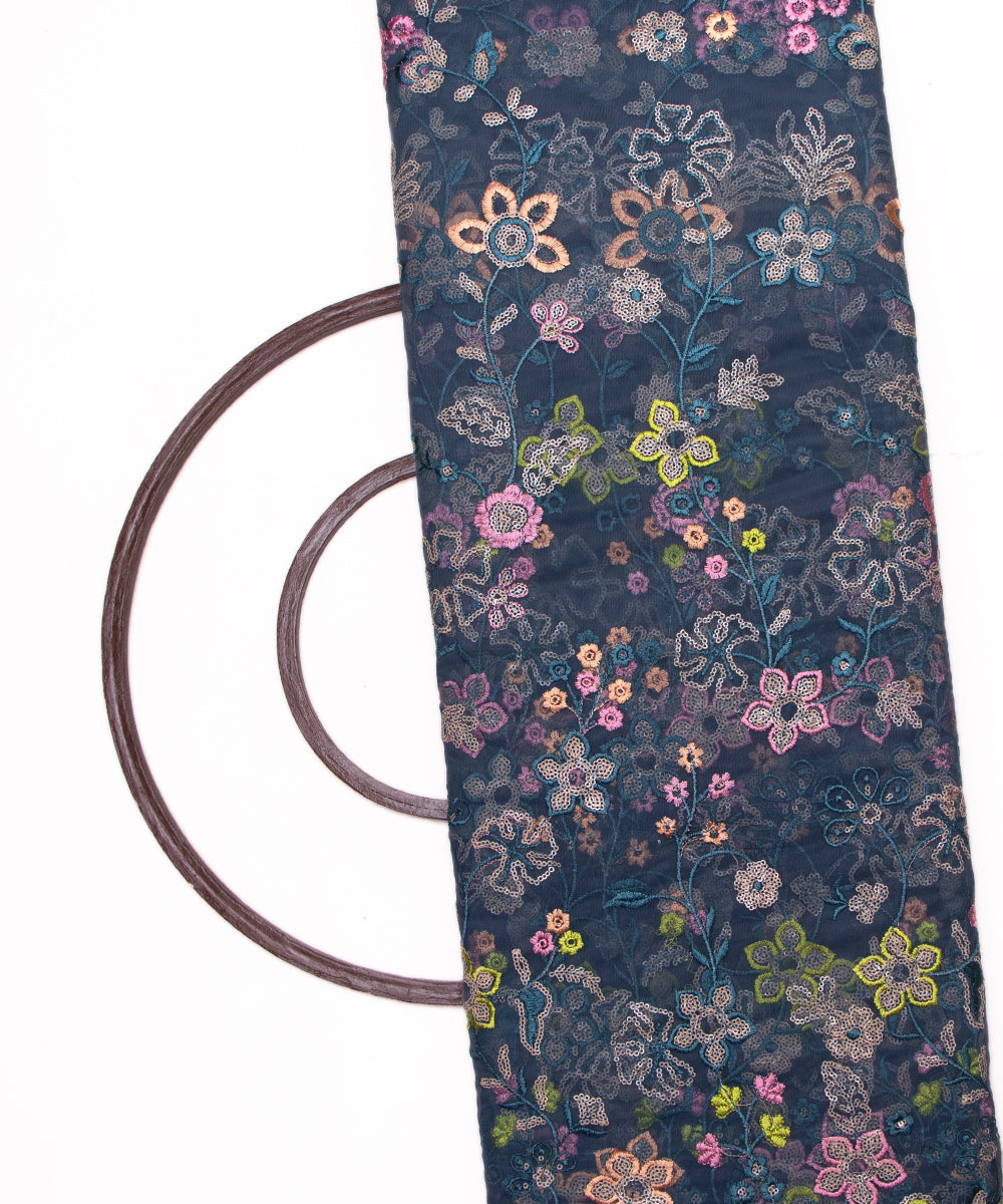 Teal Blue Colour Sequin Net Embroidery Fabric
