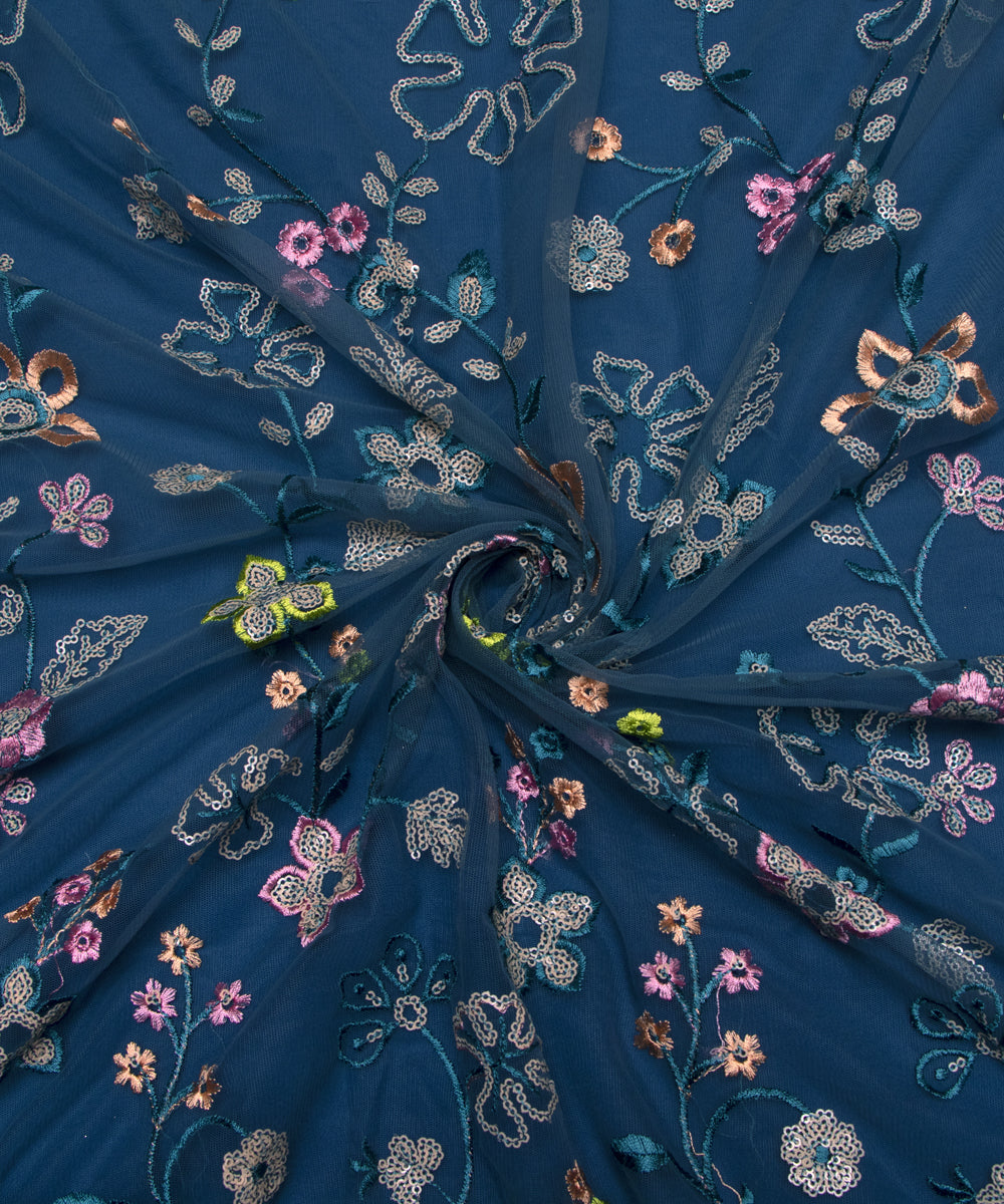 Teal Blue Colour Sequin Net Embroidery Fabric