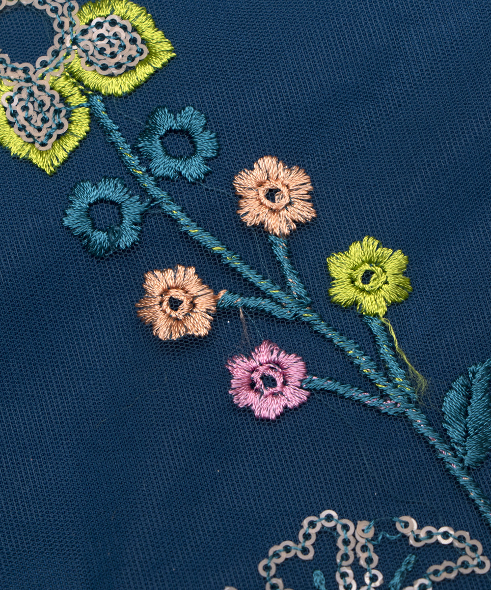 Teal Blue Colour Sequin Net Embroidery Fabric