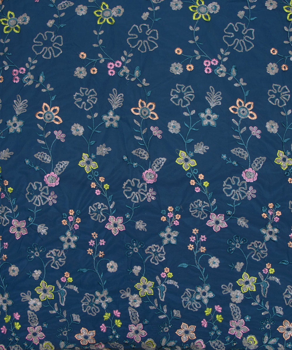 Teal Blue Colour Sequin Net Embroidery Fabric