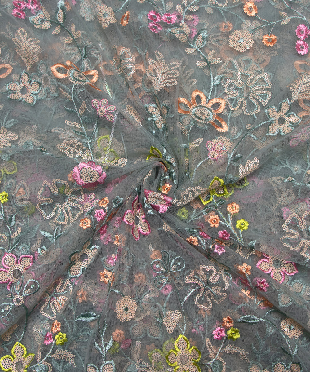 Bluish Grey Colour Sequin Net Embroidery Fabric