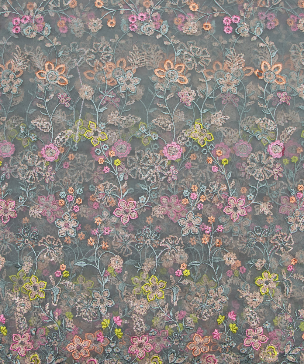 Bluish Grey Colour Sequin Net Embroidery Fabric