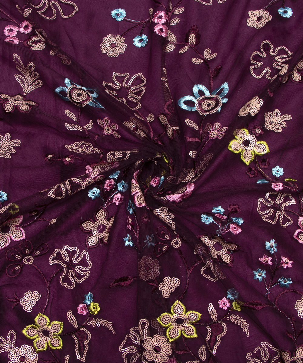 Wine Colour Sequin Net Embroidery Fabric
