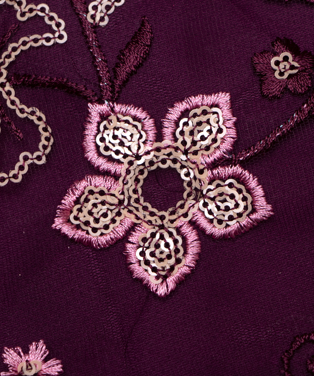 Wine Colour Sequin Net Embroidery Fabric