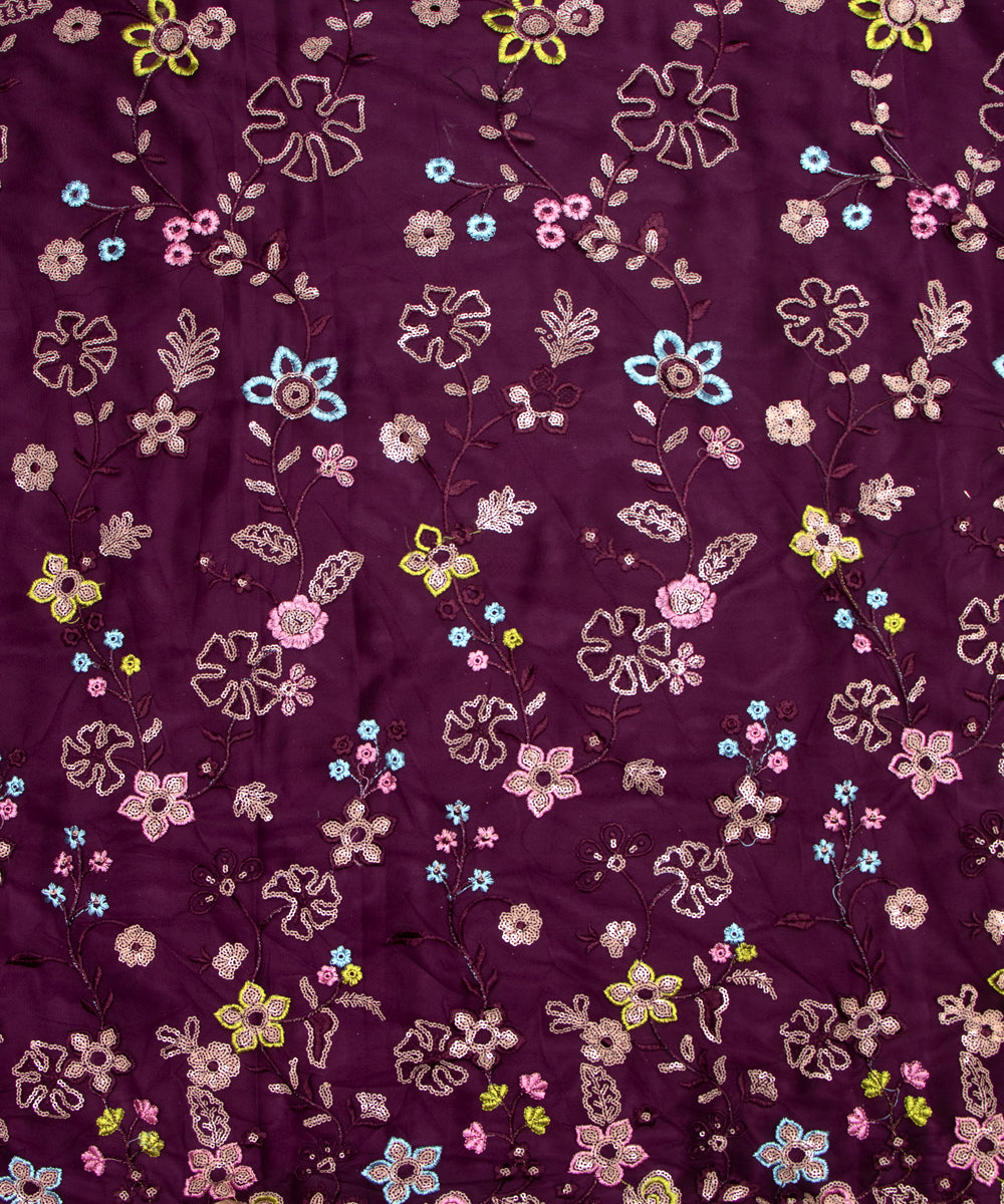 Wine Colour Sequin Net Embroidery Fabric