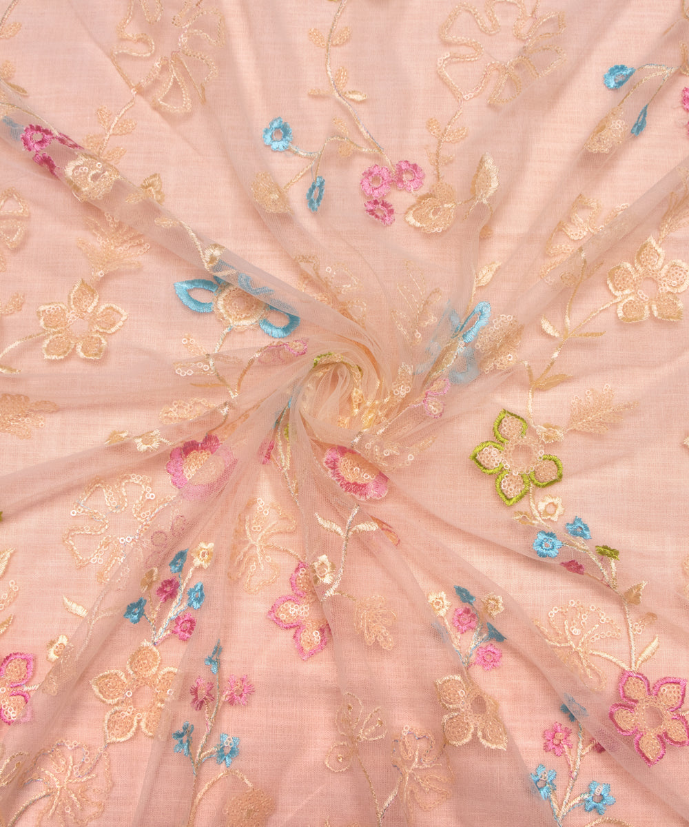 Light Cream Colour Sequin Net Embroidery Fabric