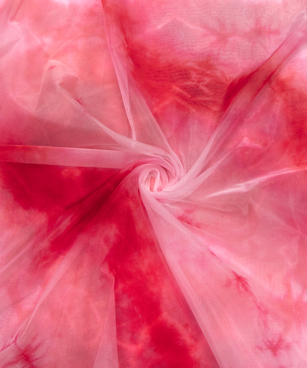 Red Colour Tie Dye Digital Print Organza Fabric
