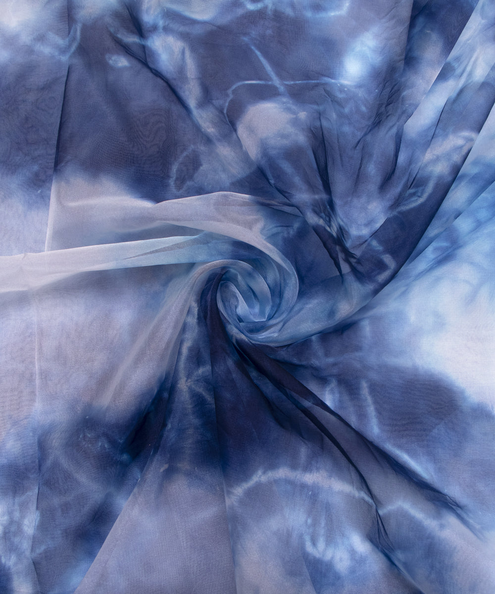Blue Colour Tie Dye Digital Print Organza Fabric