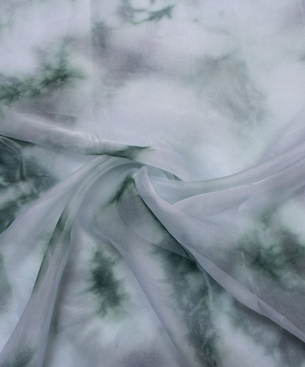 Greenish Grey Colour Tie Dye Digital Print Organza Fabric