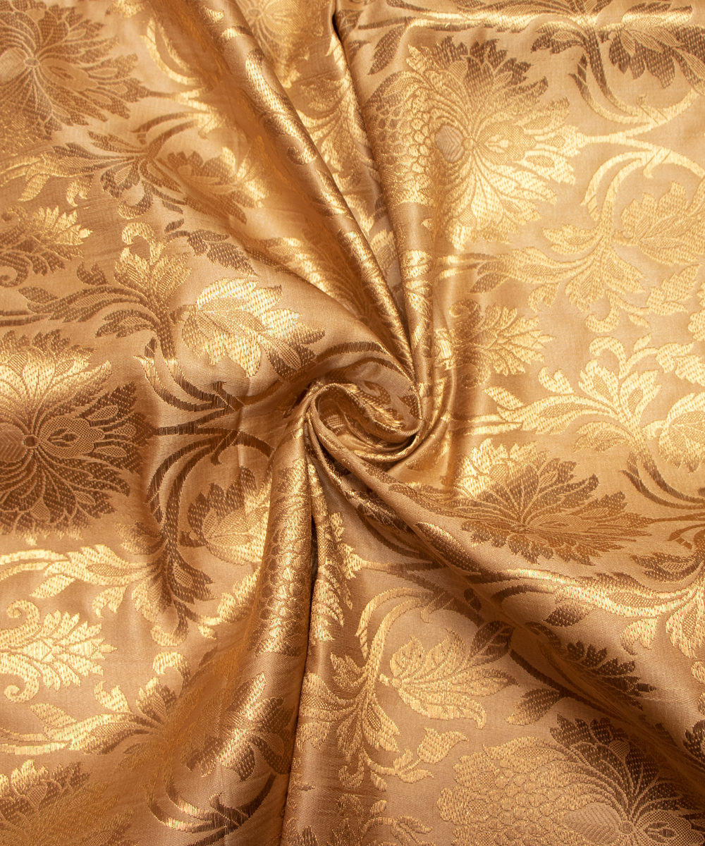 Golden Colour Floral Design Banarasi Brocade Silk  Fabric