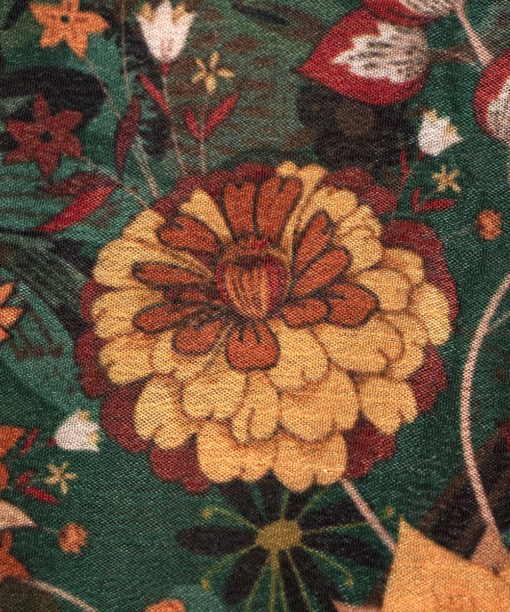 Dark Green Floral Digital Print Chinon Fabric