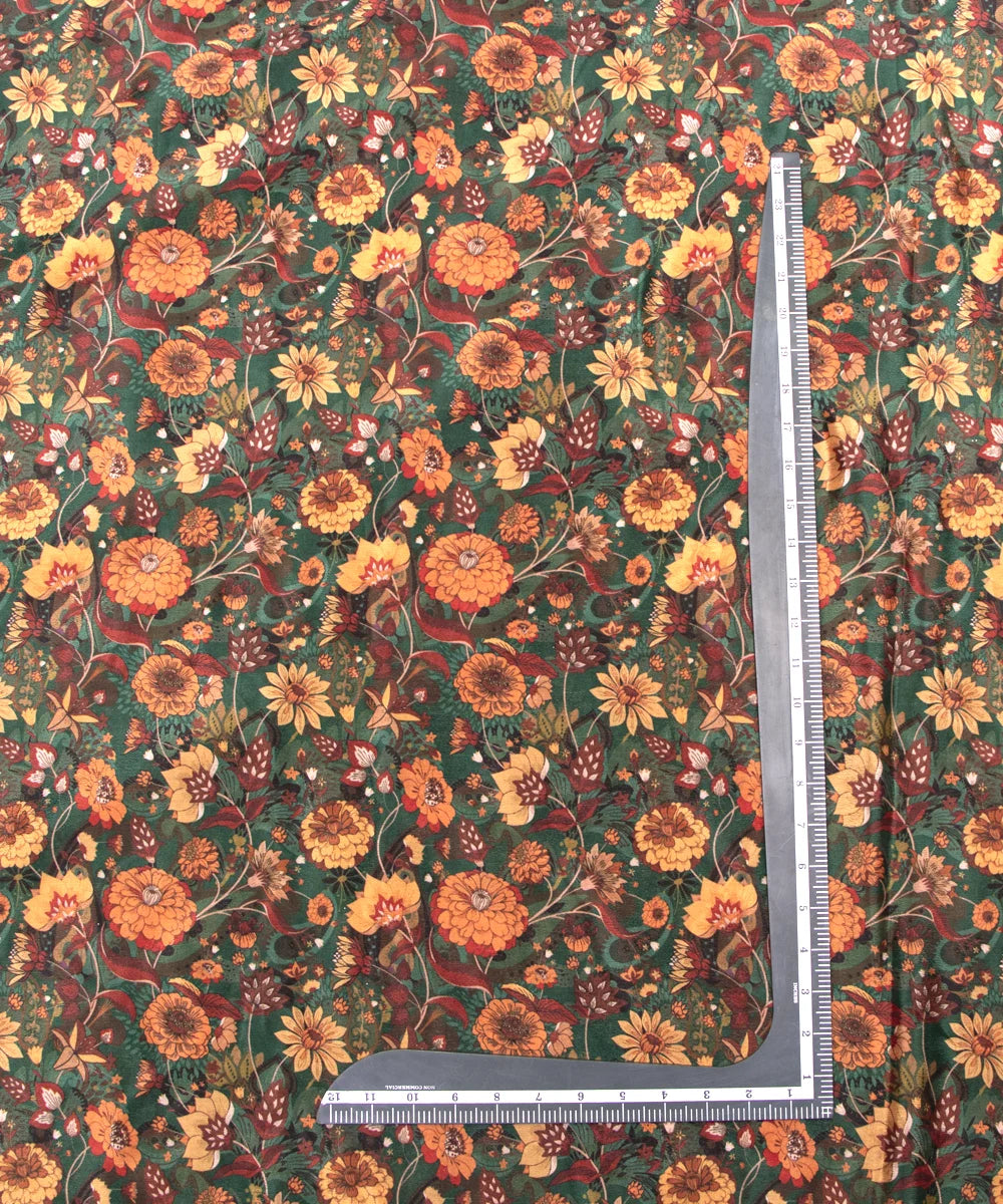 Dark Green Floral Digital Print Chinon Fabric