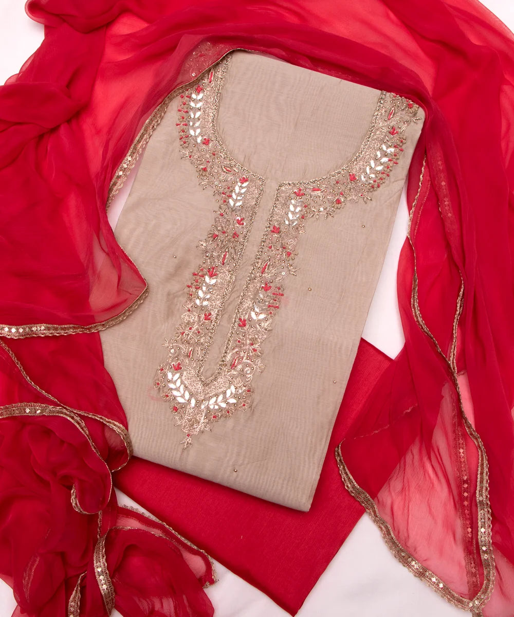 Beige Embroidered 3 Piece Chanderi Silk Suit Set