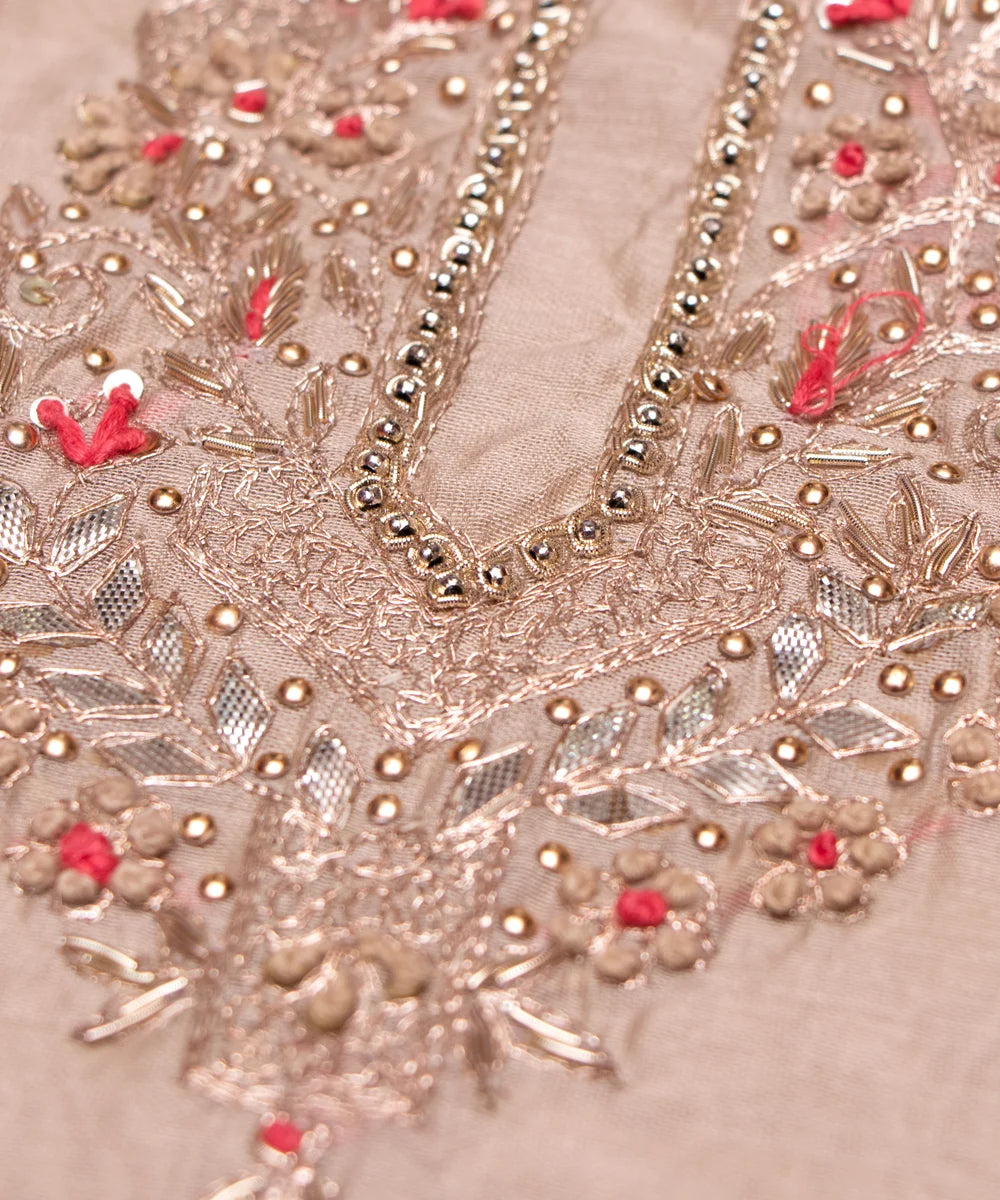 Beige Embroidered 3 Piece Chanderi Silk Suit Set