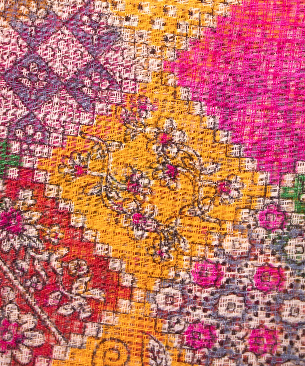 Yellow Geometric Printed Kota Doria Fabric