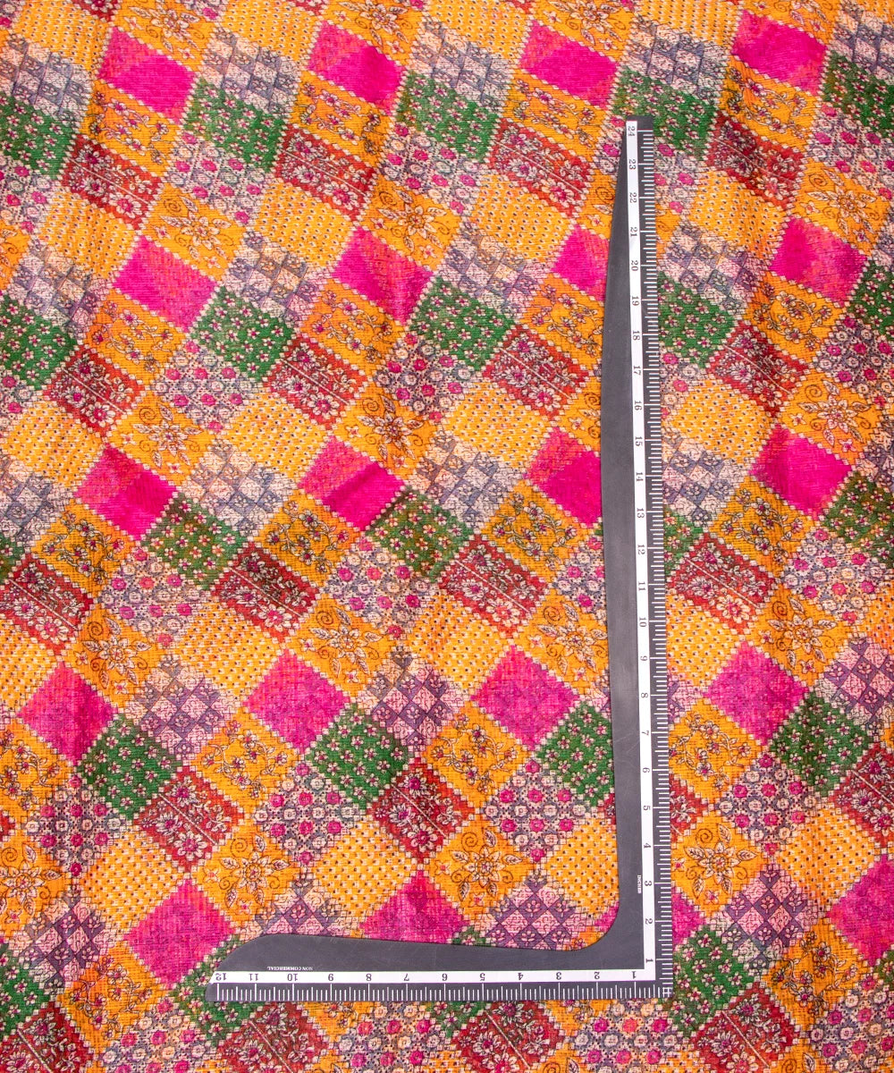Yellow Geometric Printed Kota Doria Fabric
