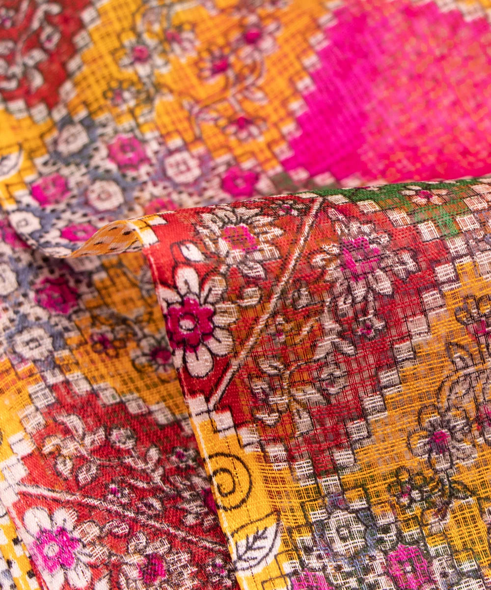 Yellow Geometric Printed Kota Doria Fabric