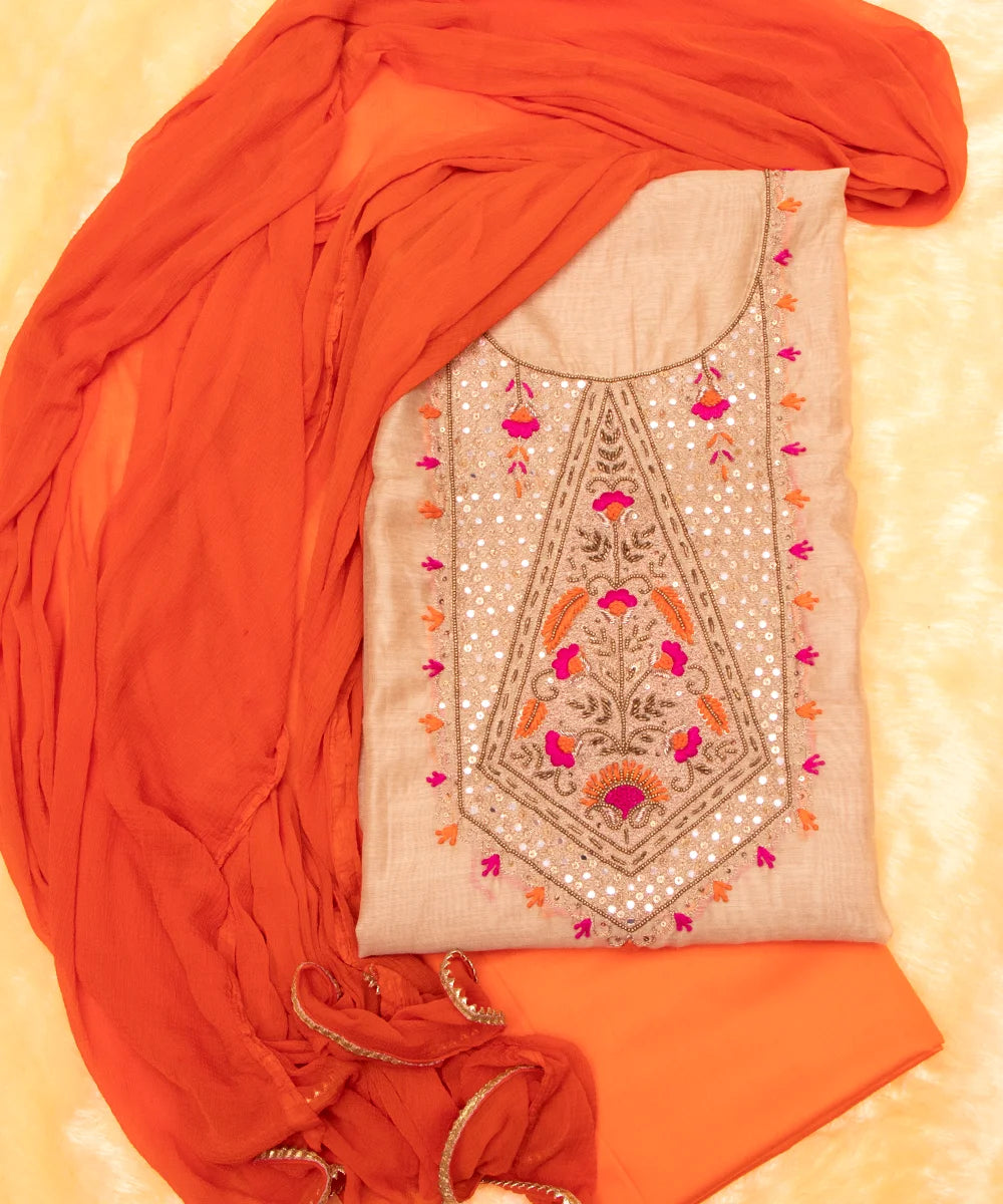 Beige Golden Embroidered 3 Piece Chanderi Silk Suit Set