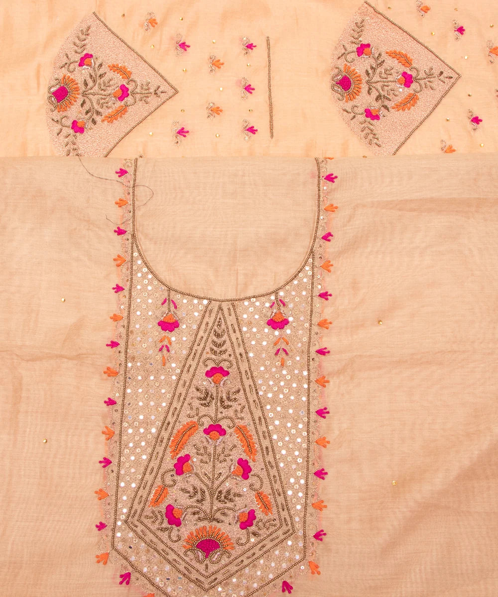 Beige Golden Embroidered 3 Piece Chanderi Silk Suit Set