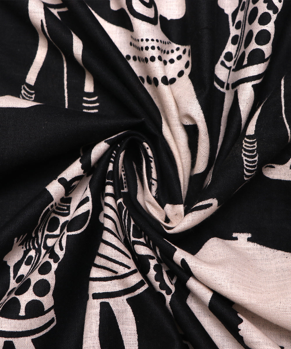 Black Colour Warli Print Cotton Fabric ( 1.85 Meter)