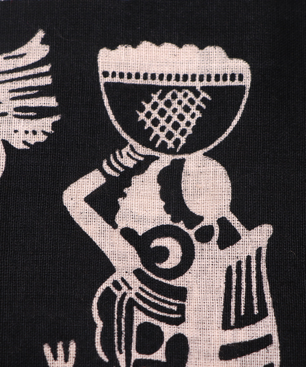 Black Colour Warli Print Cotton Fabric ( 1.85 Meter)