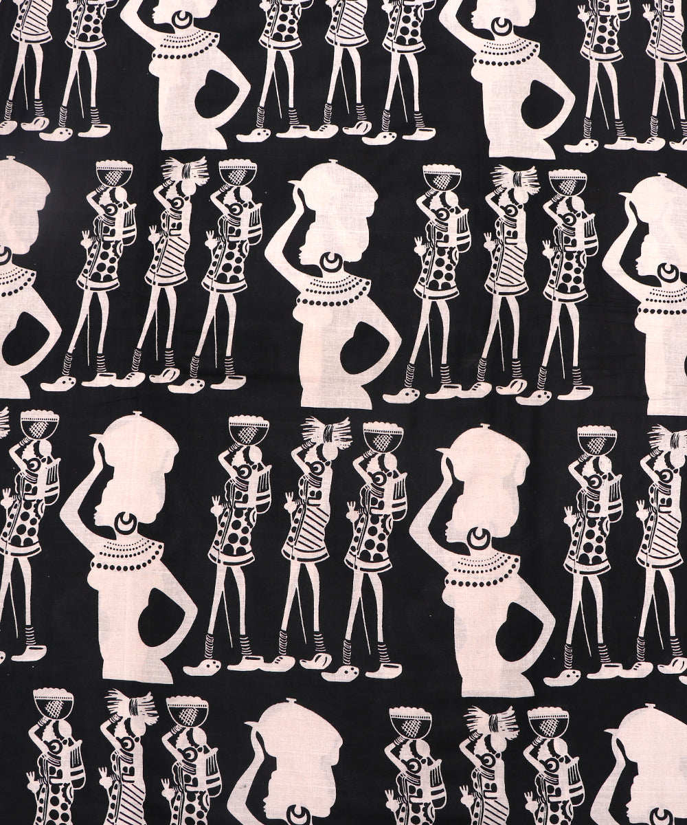 Black Colour Warli Print Cotton Fabric ( 1.85 Meter)