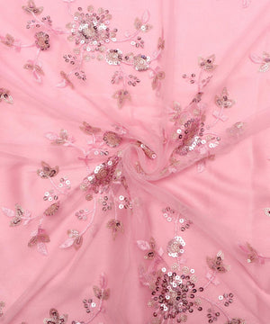 light pink colour floral net sequin embroidery fabric