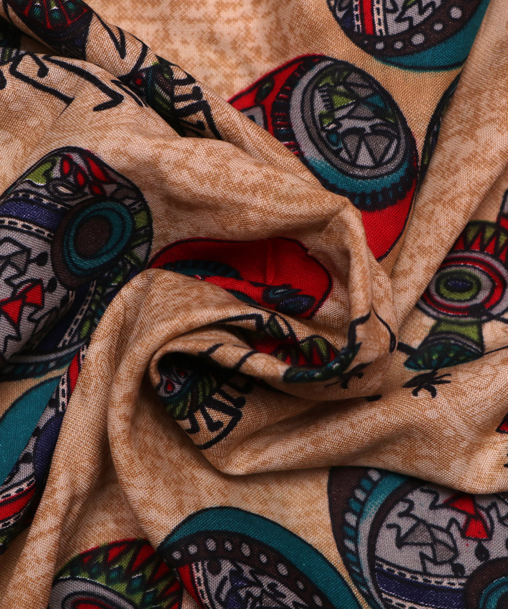 Beige Colour Warli Print Rayon Fabric( 1 Meter )