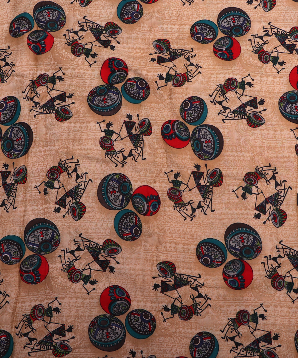 Beige Colour Warli Print Rayon Fabric( 1 Meter )
