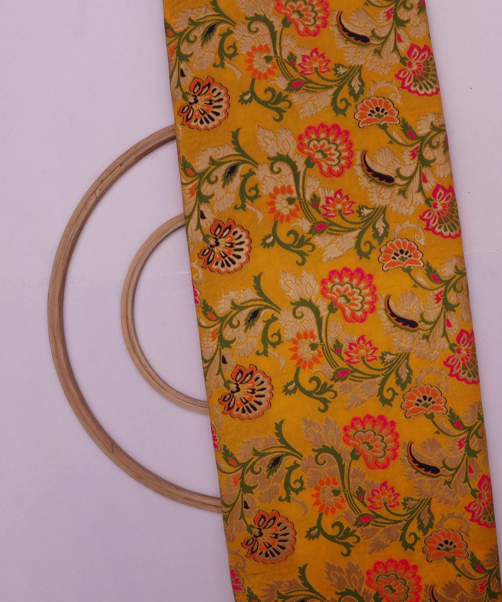 yellow and golden digital floral print pure banarasi brocade silk fabric o146 5653