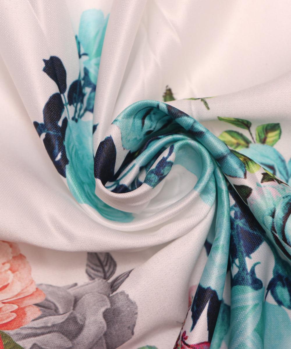 white and blue floral design satin moss fabric b100 3927