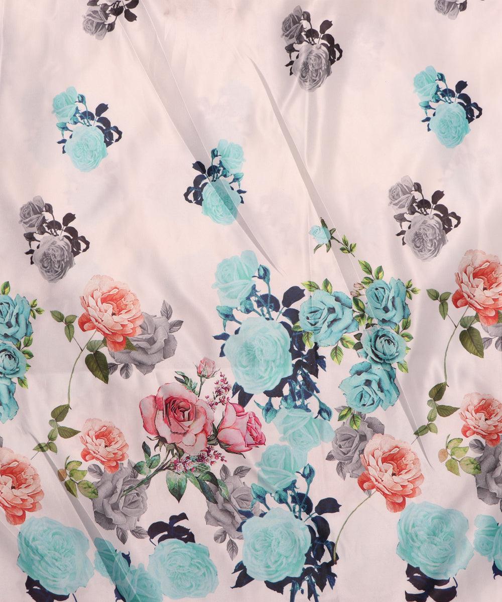 white and blue floral design satin moss fabric b100 3927