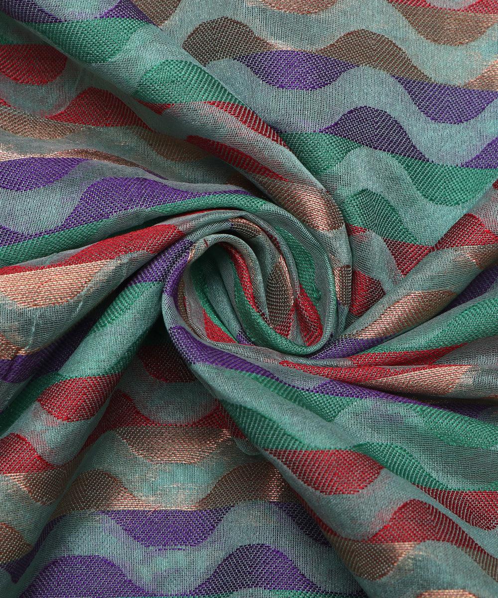 cyan zig zag pattern chanderi silk fabric