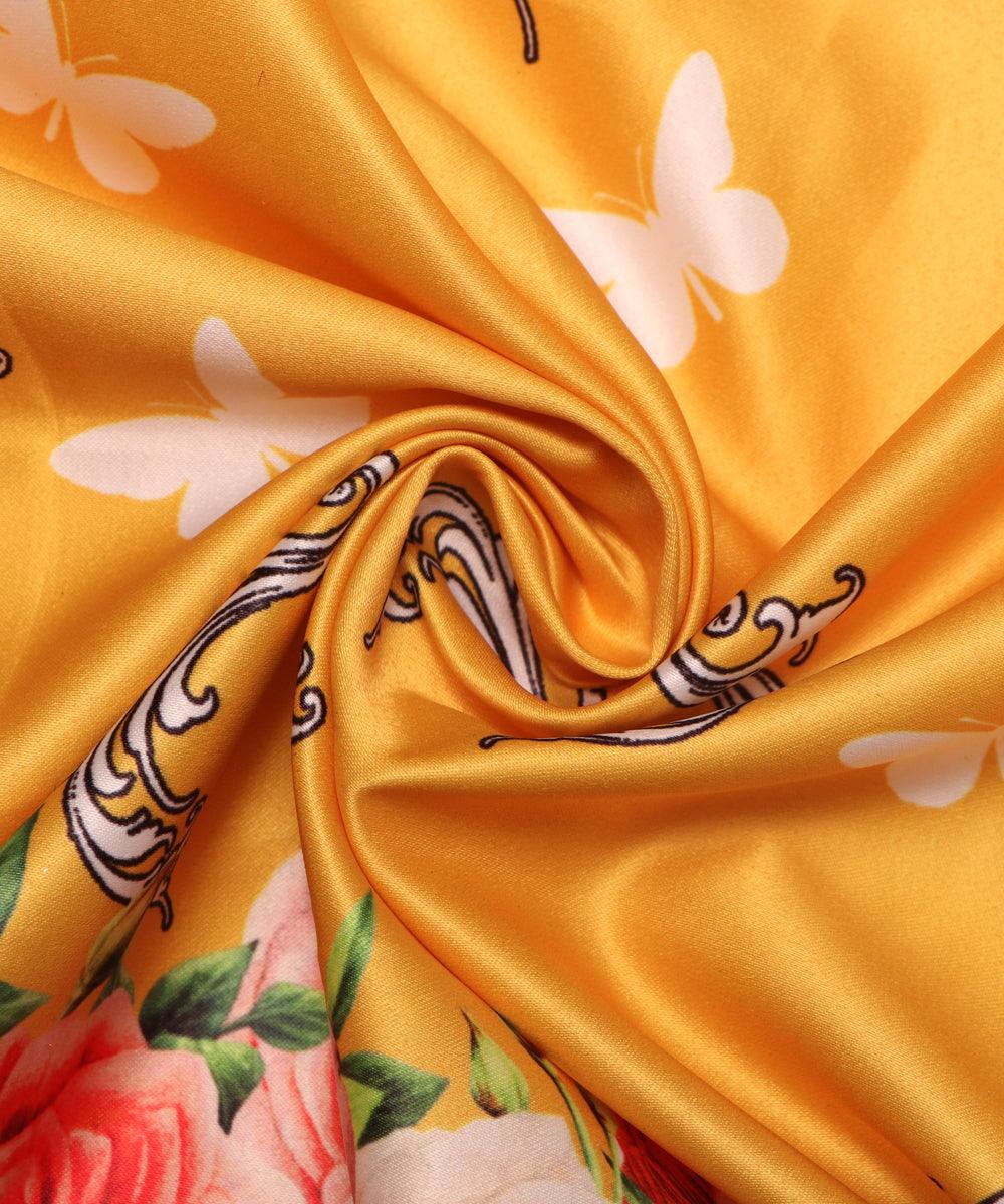 yellow floral design satin moss fabric b100 3916