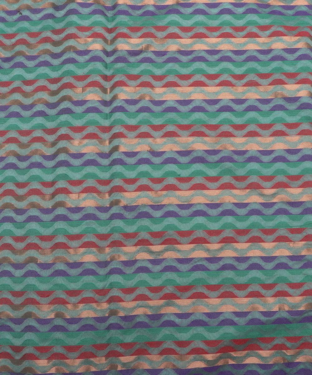 cyan zig zag pattern chanderi silk fabric