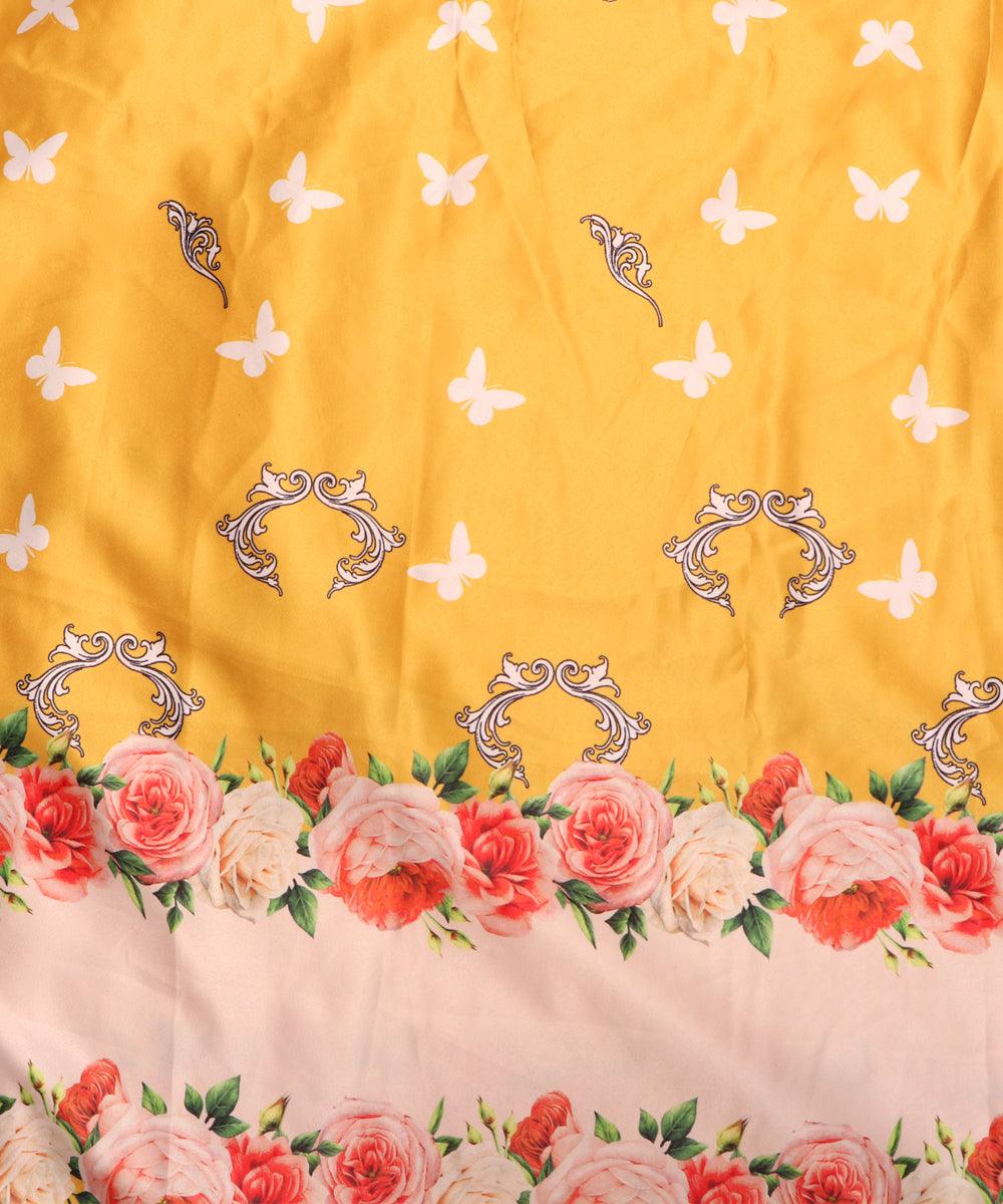 yellow floral design satin moss fabric b100 3916