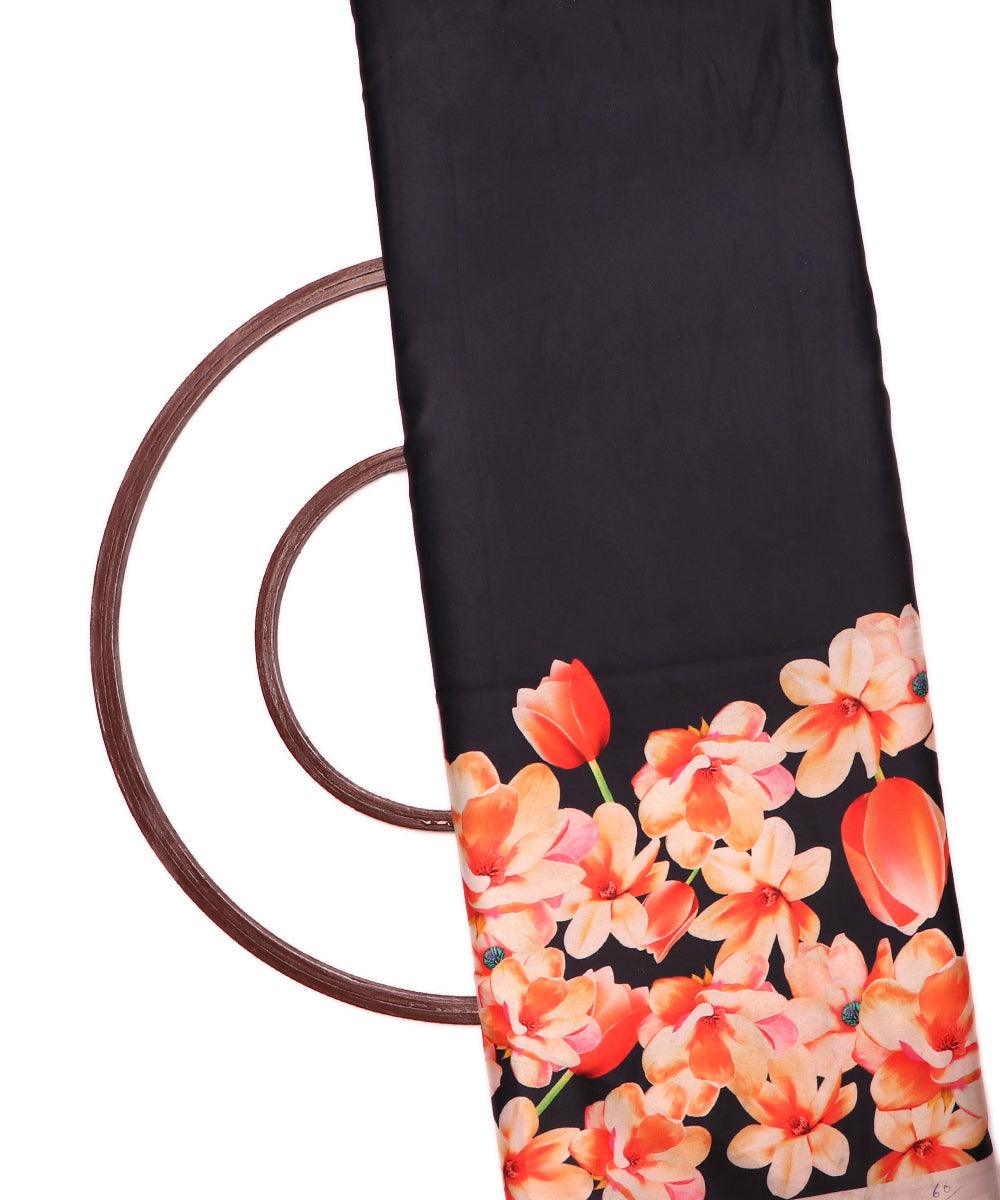 black and peach floral design satin moss fabric b100 3905