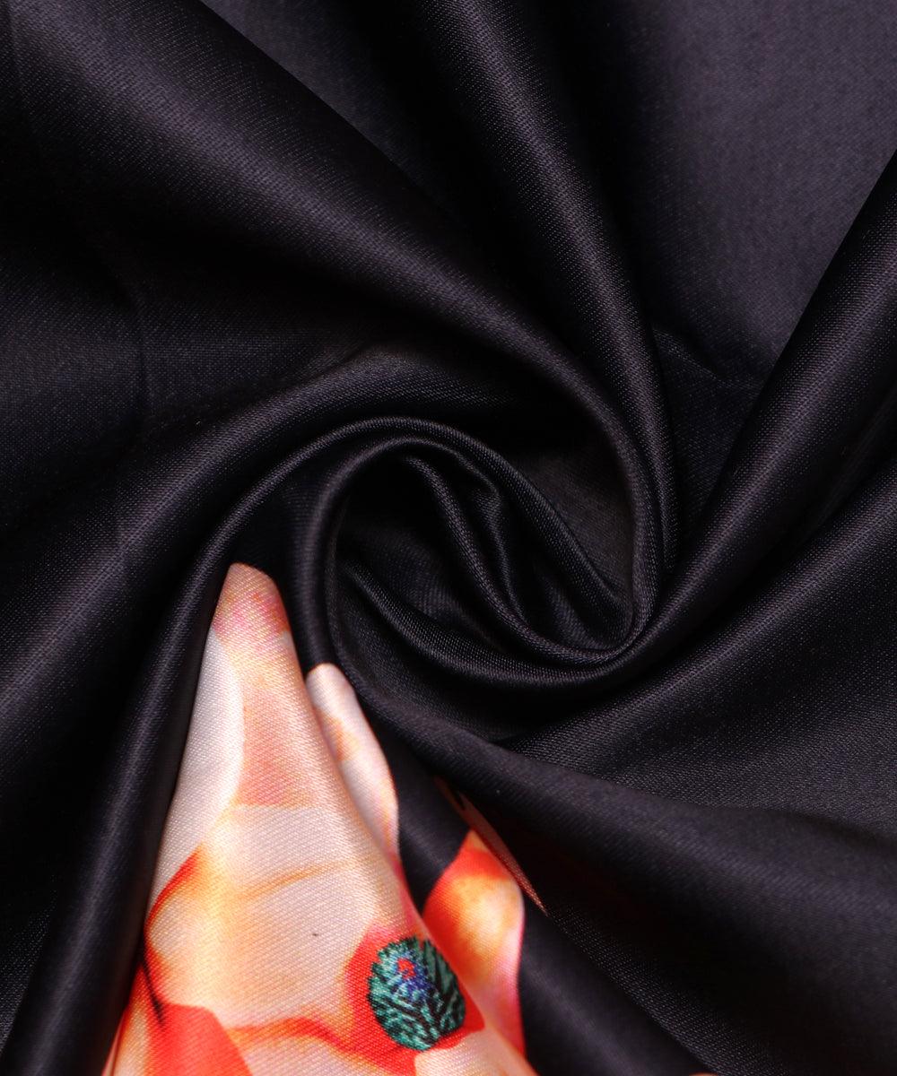 black and peach floral design satin moss fabric b100 3905