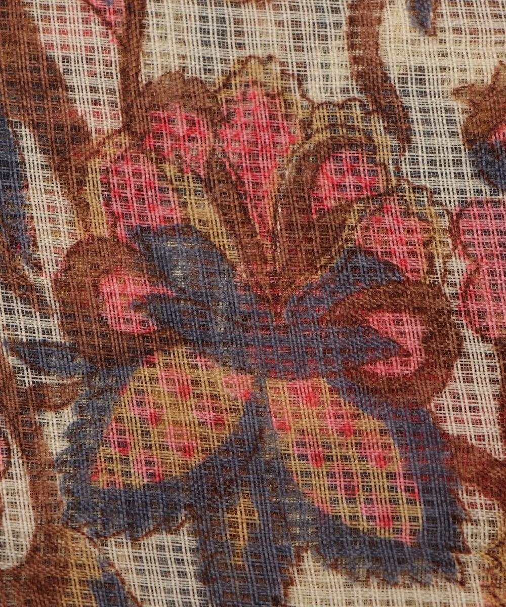 brown kalamkari print kota doria fabric