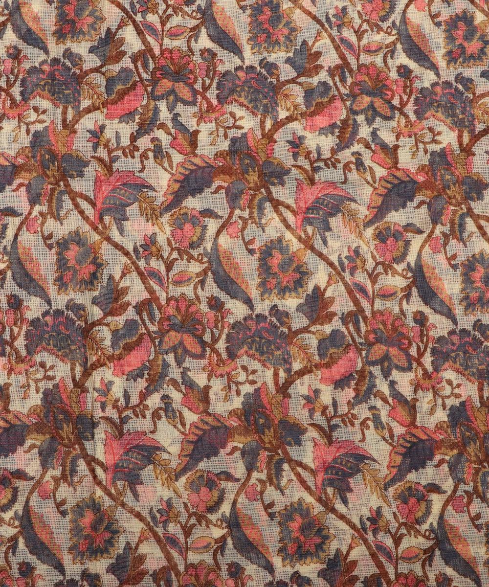 brown kalamkari print kota doria fabric