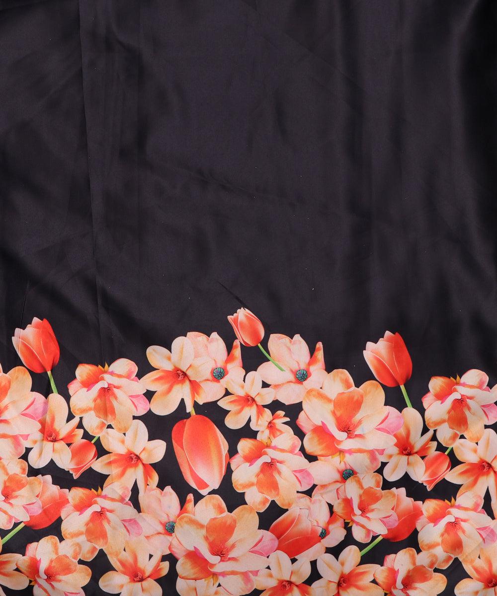 black and peach floral design satin moss fabric b100 3905