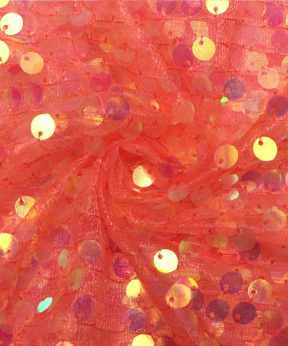 peach sequin net embroidery fabric