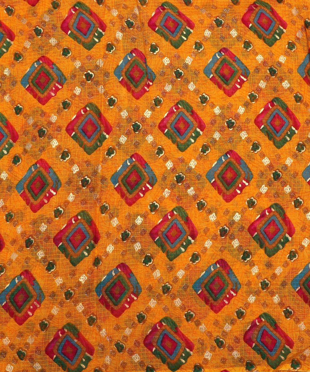yellow geometric print kota doria fabric
