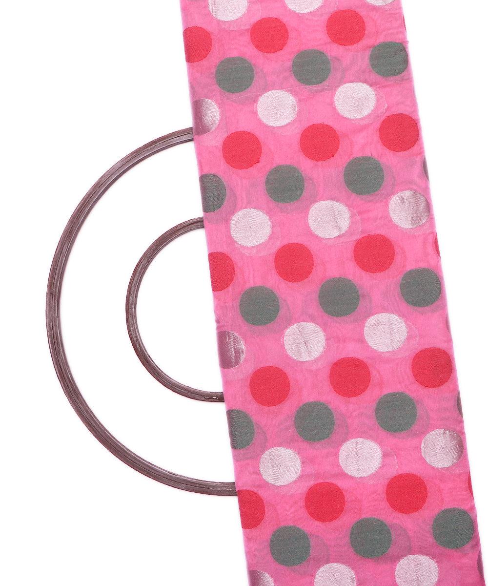 pink green big polka pattern chanderi silk fabric