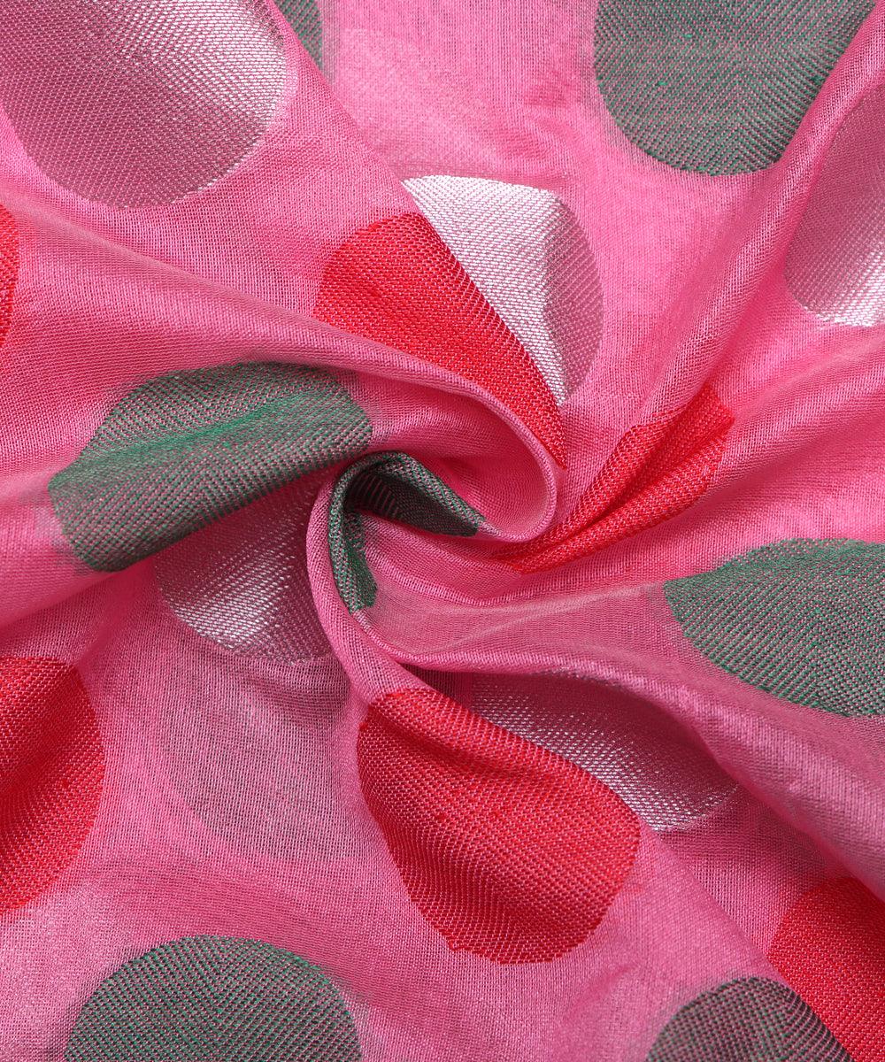 pink green big polka pattern chanderi silk fabric