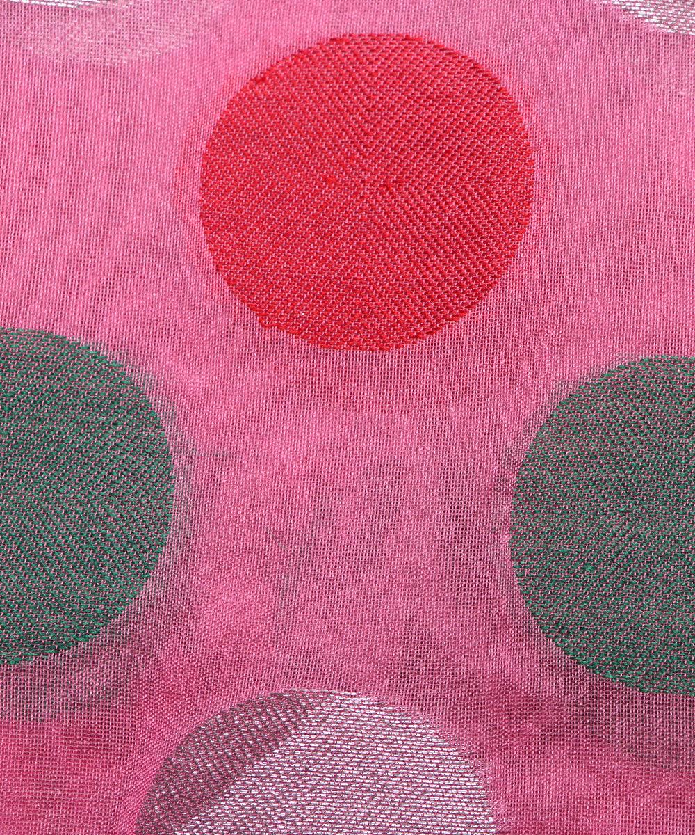 pink green big polka pattern chanderi silk fabric