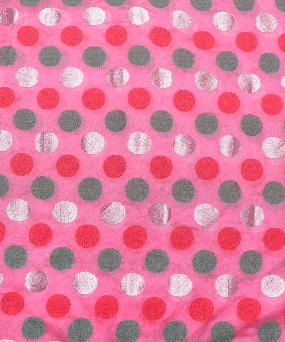 pink green big polka pattern chanderi silk fabric