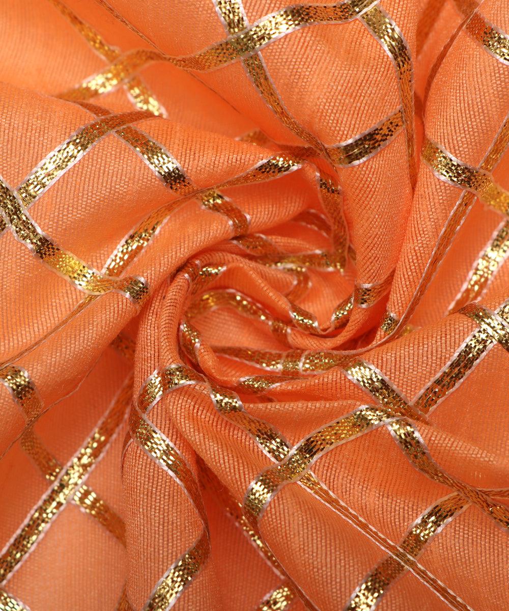 peach and golden checks pattern gotta raw silk fabric