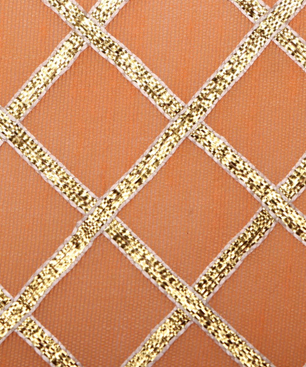 peach and golden checks pattern gotta raw silk fabric