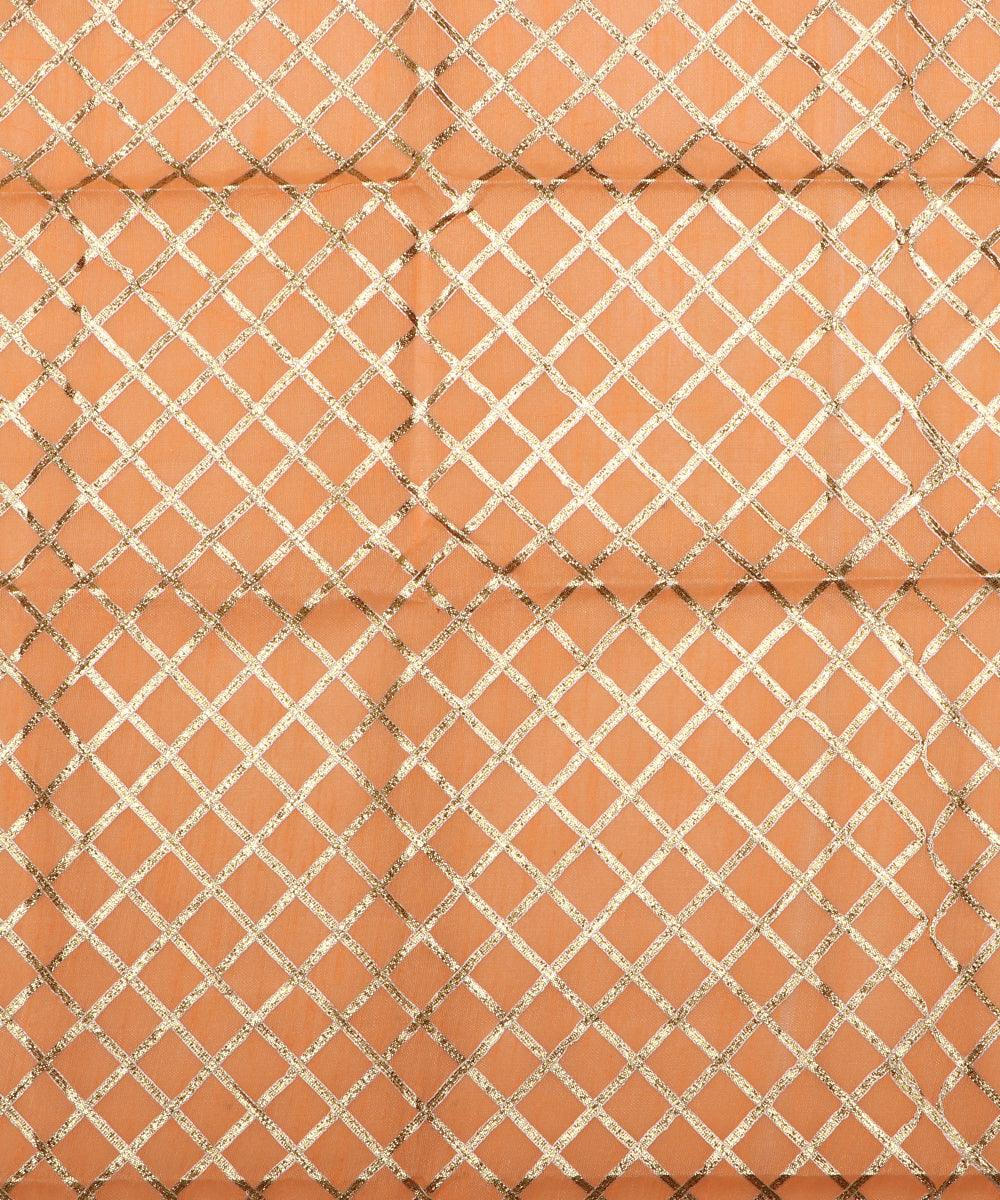 peach and golden checks pattern gotta raw silk fabric